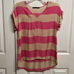 Zara Woman Tan Pink Stripe Rayon V Neck High Low Top size M